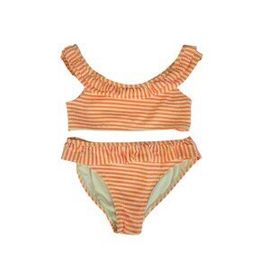 NWT Girls 2-Piece Ruffle Bikini Swimsuit – Size Medium 7/8  Coral Stripe UPF 50+